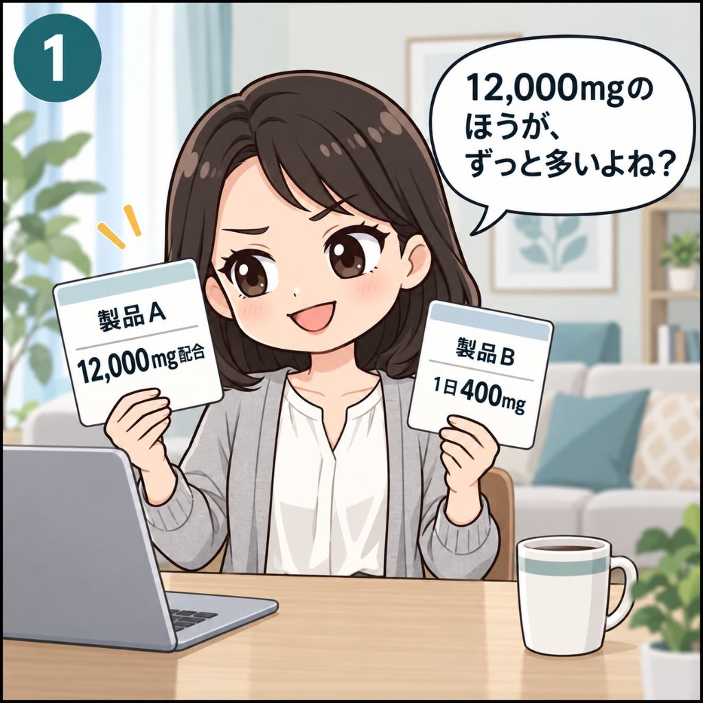 NMNサプリの比較でよくある誤解。1箱あたりの配合量と1日あたりの量が書かれた架空の製品のカードを見比べ、「12,000mgのほうが、ずっと多いよね？」と考える読者の場面（1コマ目）