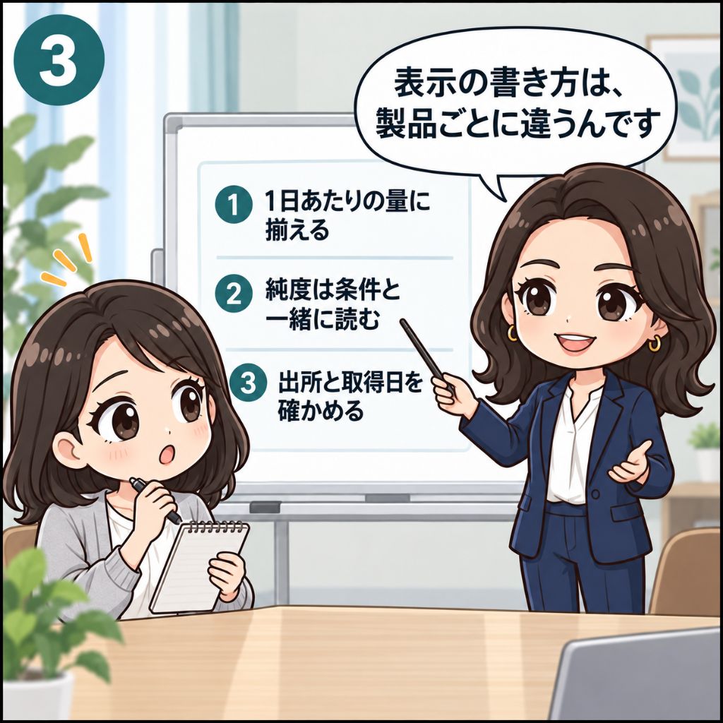 NMNサプリの比べ方のポイント。ホワイトボードに「1日あたりの量に揃える」「純度は条件と一緒に読む」「出所と取得日を確かめる」の3つが書かれ、読者がメモを取りながら聞いている場面（3コマ目）