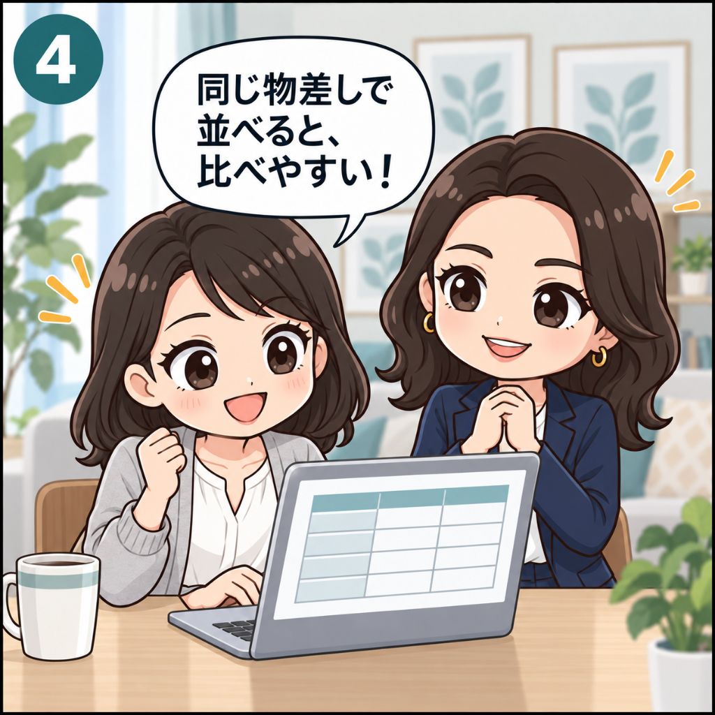 NMNサプリの表示の読み方。1日あたりの量に揃えて並べた表をノートパソコンで見ながら、「同じ物差しで並べると、比べやすい！」と話す読者と、隣で見守る編集者の場面（4コマ目）